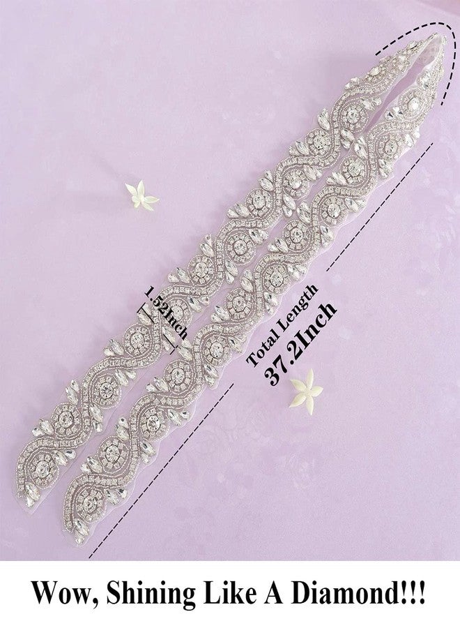 Pardecor Wedding Sash Dress Belt Women Rhinestone Applique Bridal Belt Silver Crystal Trim Belt Ivory Ribbon for Wedding Plus Size Rhinestone Belt for Formal Dress - Image 2